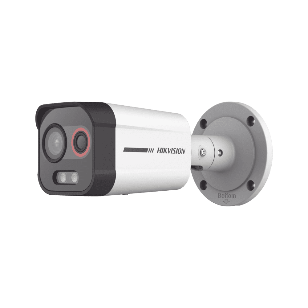 Bala IP Dual / Térmica 2.6 mm (96 x 72) / Óptico 6 mm (4 Megapixel) / Detección de Intrusión por VCA 30 mts /30 mts Luz Blanca / Exterior IP67 / PoE / Sirena y Luz Intermitente Integrada / Micro SD / ColorVu y ACUSENSE